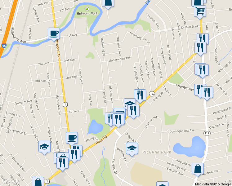 map of restaurants, bars, coffee shops, grocery stores, and more near 39 Spywood Avenue in Warwick