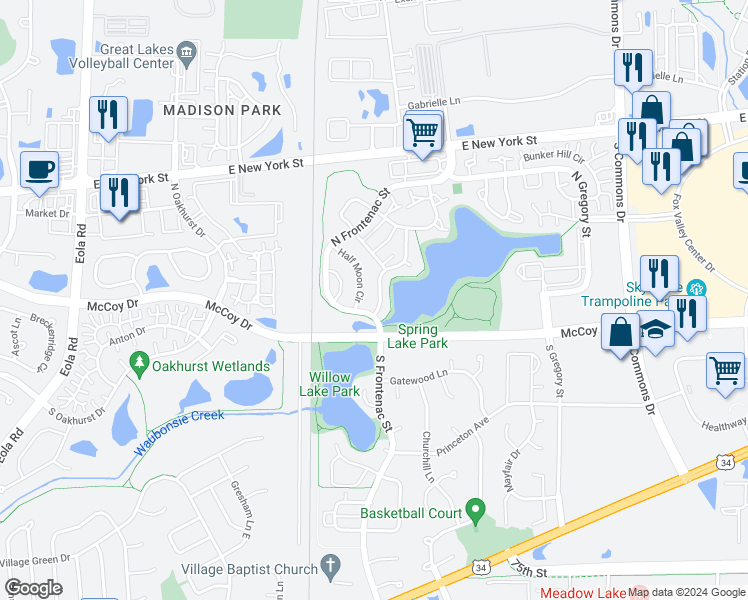 map of restaurants, bars, coffee shops, grocery stores, and more near 215 Shadybrook Lane in Aurora