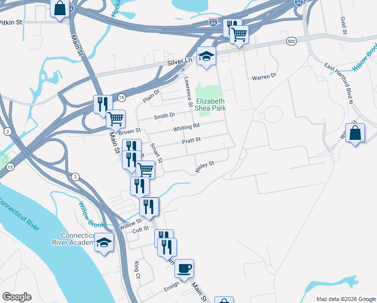 map of restaurants, bars, coffee shops, grocery stores, and more near 142 Sisson Street in East Hartford