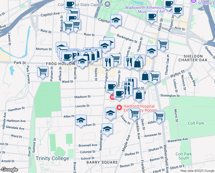 map of restaurants, bars, coffee shops, grocery stores, and more near 224 Washington Street in Hartford