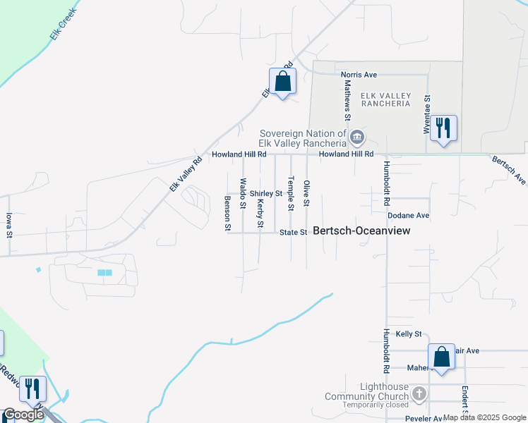 map of restaurants, bars, coffee shops, grocery stores, and more near 225 Kerby Street in Crescent City