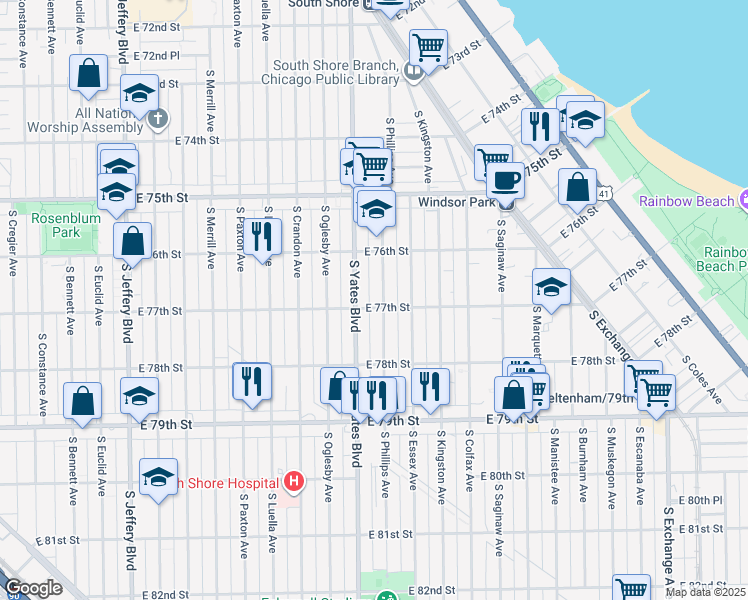 map of restaurants, bars, coffee shops, grocery stores, and more near 2418 East 77th Street in Chicago
