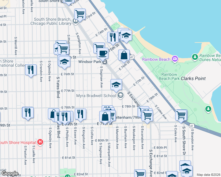 map of restaurants, bars, coffee shops, grocery stores, and more near 7654 South Marquette Avenue in Chicago