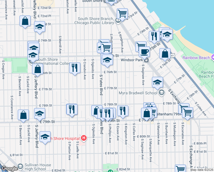 map of restaurants, bars, coffee shops, grocery stores, and more near 2418 East 77th Street in Chicago
