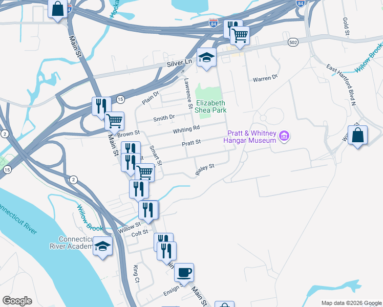 map of restaurants, bars, coffee shops, grocery stores, and more near 142 Sisson Street in East Hartford