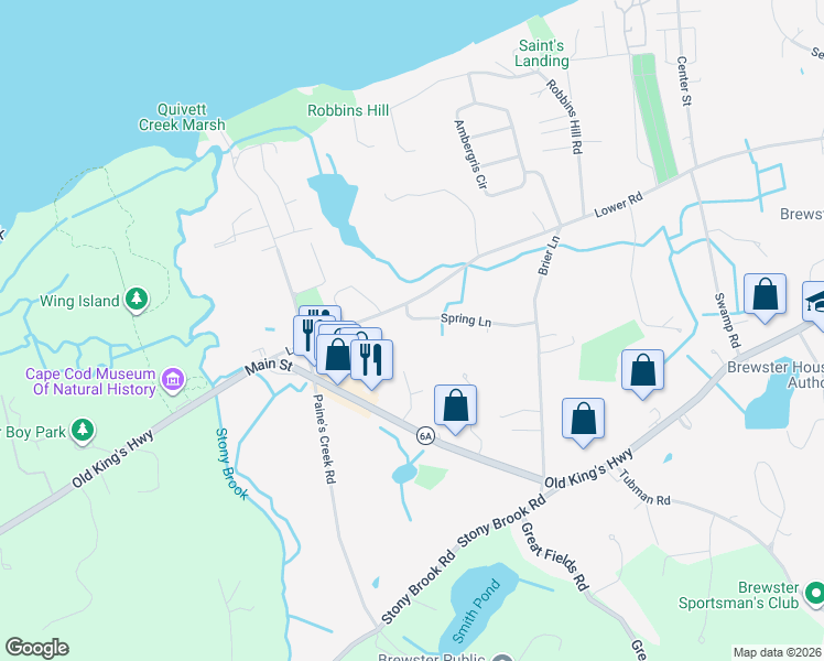 map of restaurants, bars, coffee shops, grocery stores, and more near 20 Spring Lane in Brewster