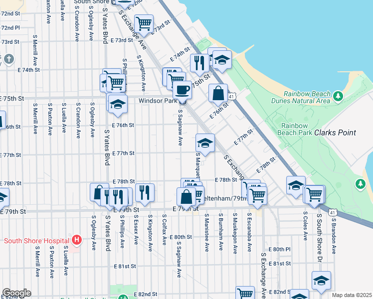 map of restaurants, bars, coffee shops, grocery stores, and more near 2650 E 77th St in Chicago