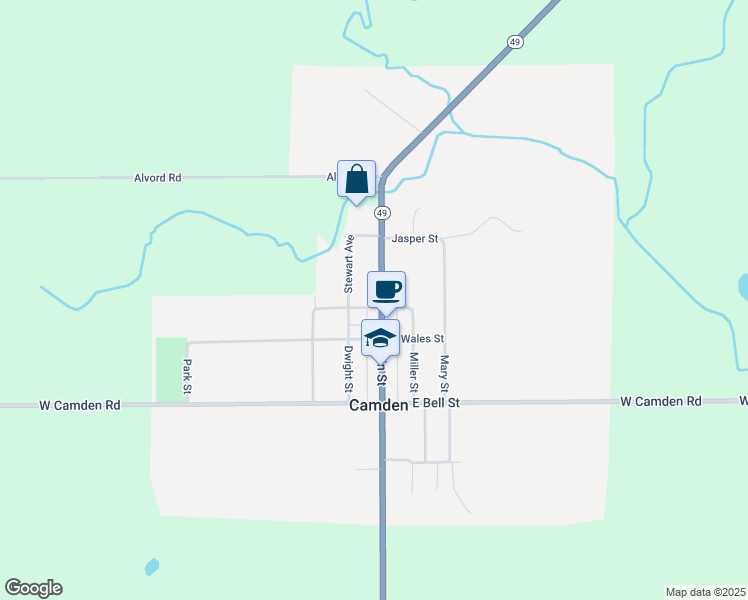 map of restaurants, bars, coffee shops, grocery stores, and more near 100 North Main Street in Camden
