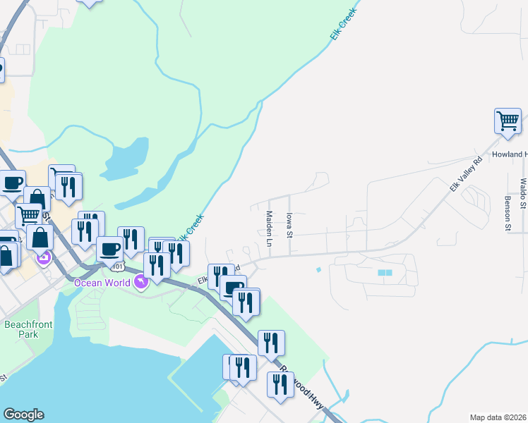 map of restaurants, bars, coffee shops, grocery stores, and more near 225-231 Maiden Lane in Crescent City
