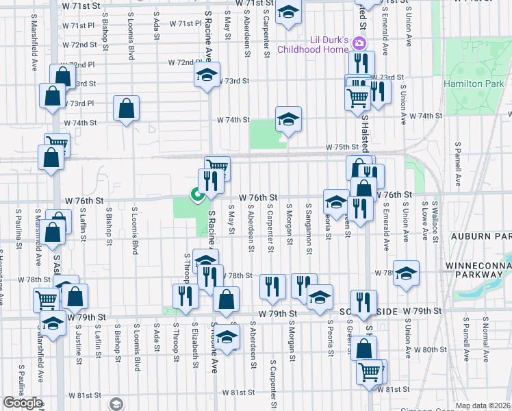 map of restaurants, bars, coffee shops, grocery stores, and more near 7611 South Aberdeen Street in Chicago