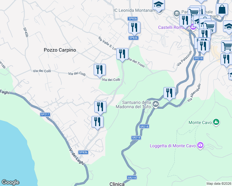 map of restaurants, bars, coffee shops, grocery stores, and more near 63 Via delle Barozze in Rocca di Papa