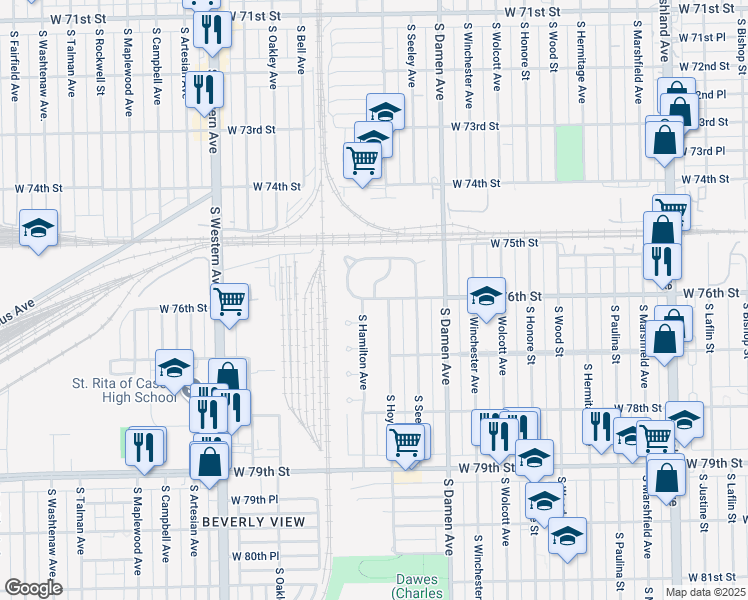 map of restaurants, bars, coffee shops, grocery stores, and more near W 76th St & S Hoyne Ave in Chicago
