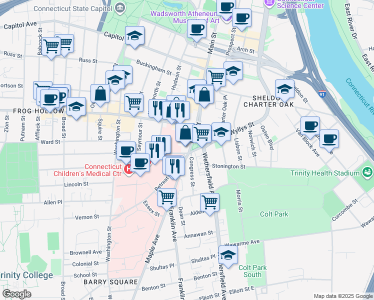 map of restaurants, bars, coffee shops, grocery stores, and more near in Hartford