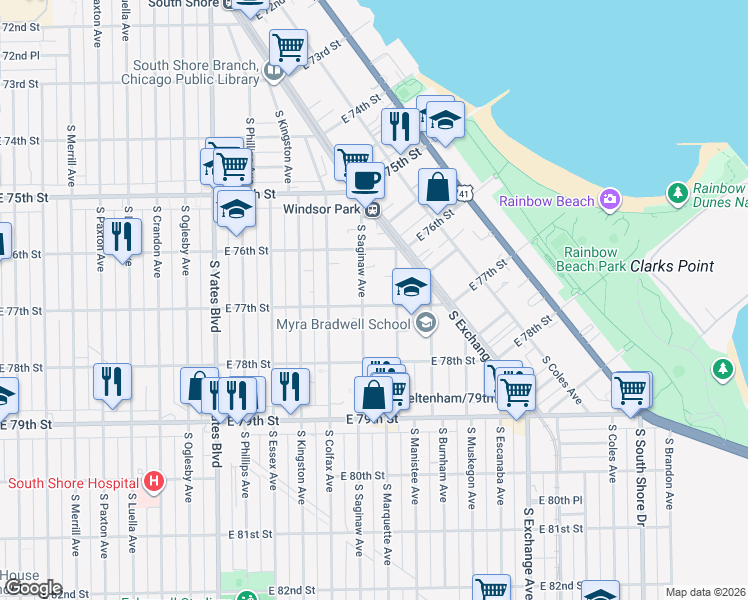 map of restaurants, bars, coffee shops, grocery stores, and more near 2650 East 77th Street in Chicago