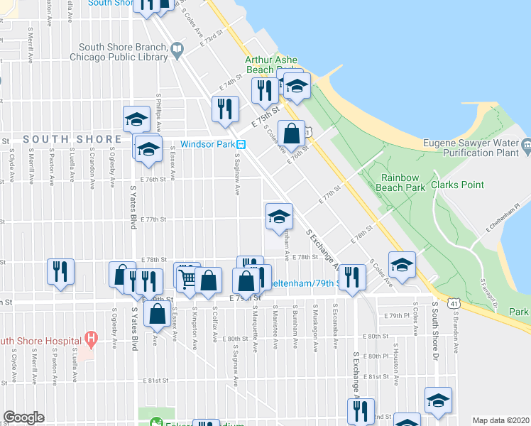 map of restaurants, bars, coffee shops, grocery stores, and more near 2704 East 77th Street in Chicago