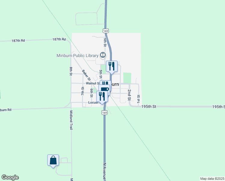 map of restaurants, bars, coffee shops, grocery stores, and more near 305 Chestnut Street in Minburn