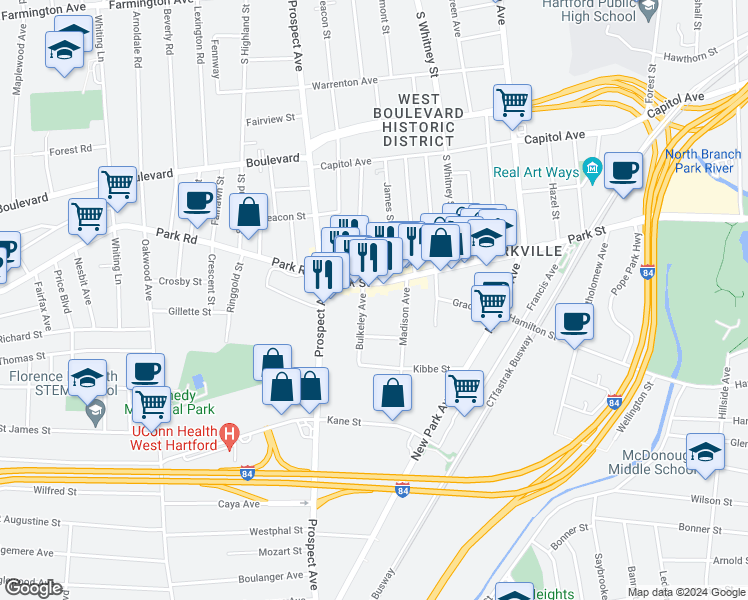 map of restaurants, bars, coffee shops, grocery stores, and more near 18 Bulkeley Avenue in Hartford