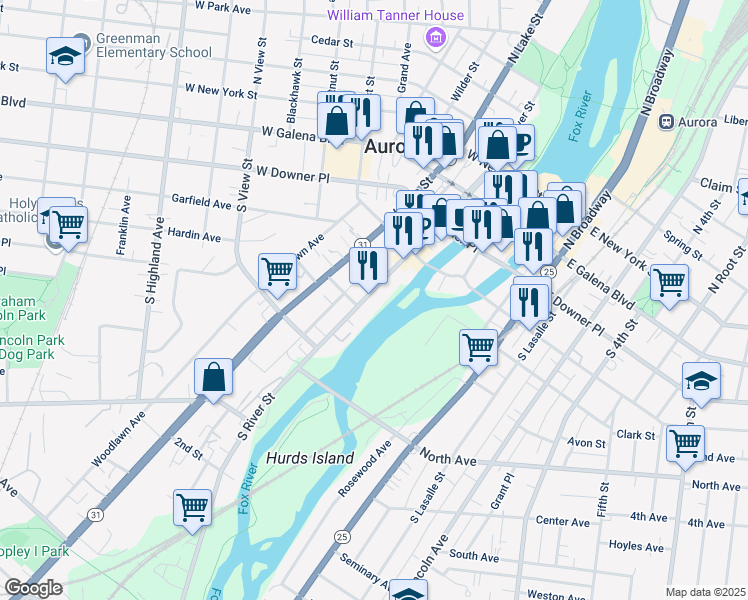 map of restaurants, bars, coffee shops, grocery stores, and more near in Aurora