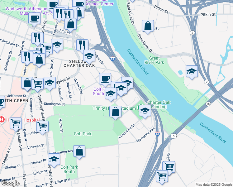 map of restaurants, bars, coffee shops, grocery stores, and more near 131 Huyshope Avenue in Hartford