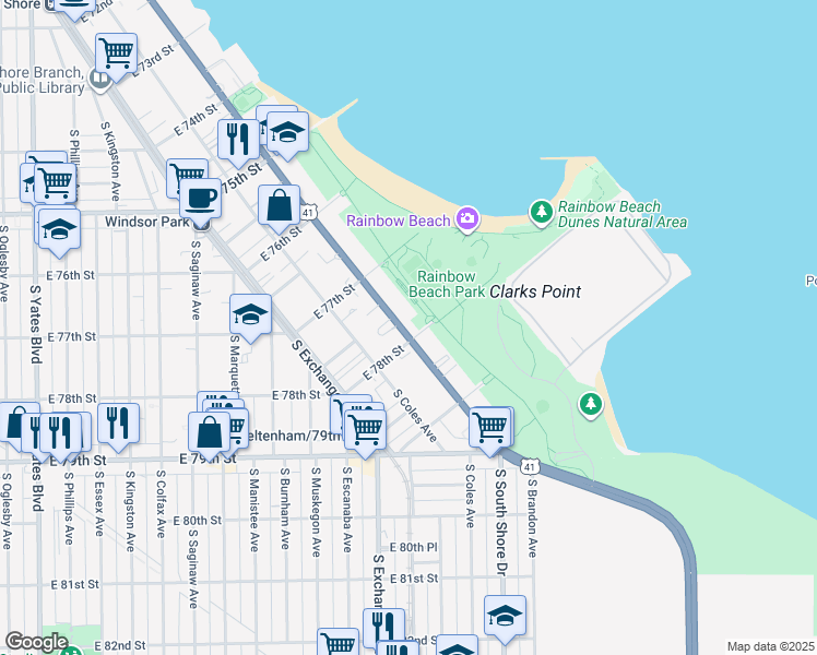 map of restaurants, bars, coffee shops, grocery stores, and more near 7770 South South Shore Drive in Chicago