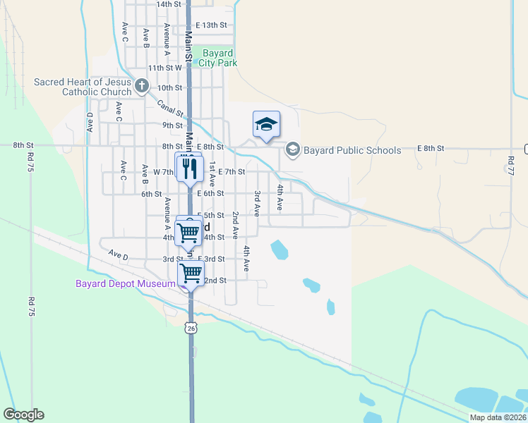 map of restaurants, bars, coffee shops, grocery stores, and more near 410 East 5th Street in Bayard