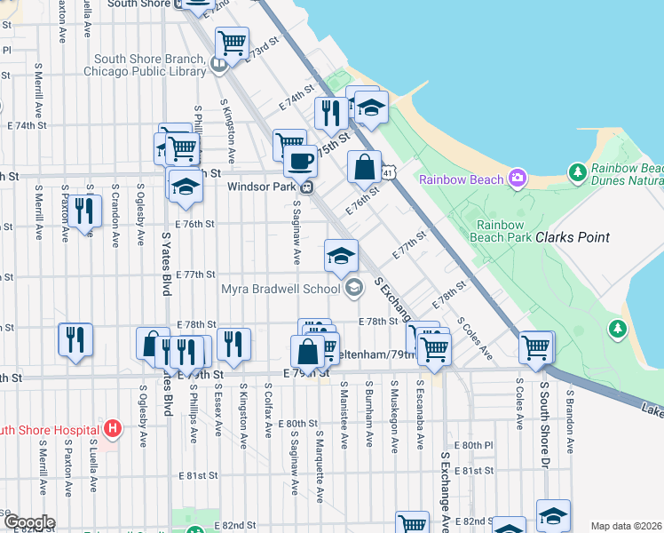 map of restaurants, bars, coffee shops, grocery stores, and more near 2712 East 77th Street in Chicago