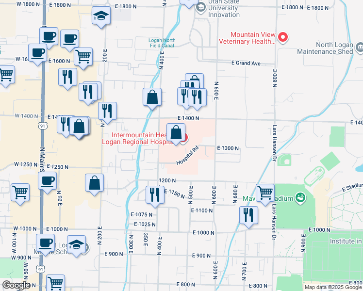 map of restaurants, bars, coffee shops, grocery stores, and more near 500 East 1400 North in Logan