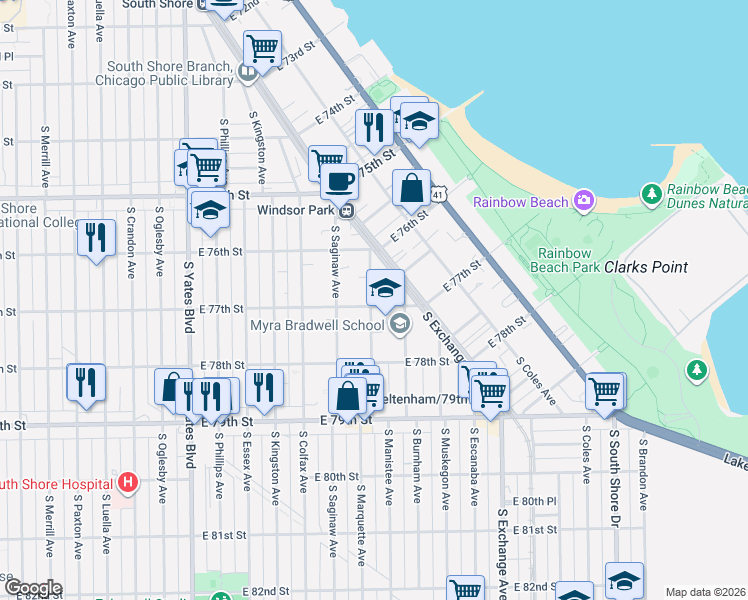 map of restaurants, bars, coffee shops, grocery stores, and more near 2712 East 77th Street in Chicago