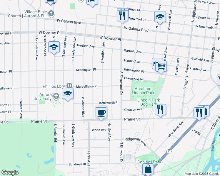 map of restaurants, bars, coffee shops, grocery stores, and more near 301 Ingleside Avenue in Aurora