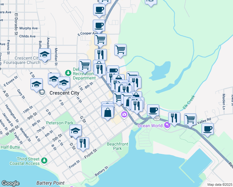 map of restaurants, bars, coffee shops, grocery stores, and more near 503 L Street in Crescent City