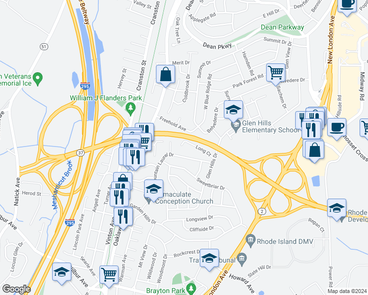 map of restaurants, bars, coffee shops, grocery stores, and more near 54 Long Ct in Cranston