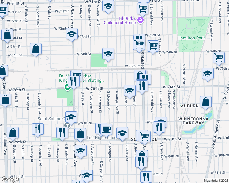 map of restaurants, bars, coffee shops, grocery stores, and more near 7608 South Sangamon Street in Chicago