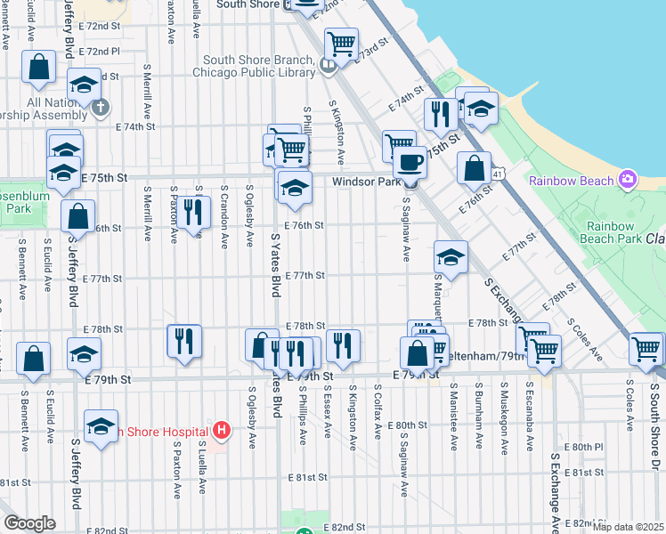 map of restaurants, bars, coffee shops, grocery stores, and more near 2452 East 77th Street in Chicago