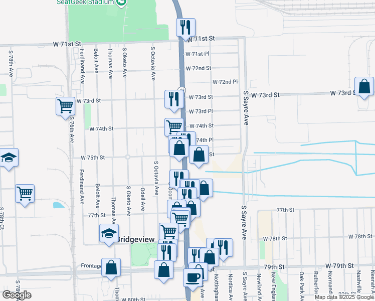 map of restaurants, bars, coffee shops, grocery stores, and more near 7138 West 75th Street in Chicago