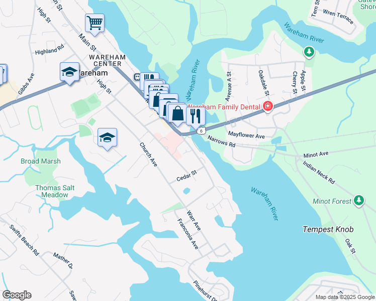 map of restaurants, bars, coffee shops, grocery stores, and more near 100 Main Street in Wareham