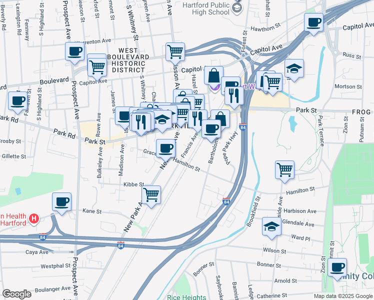 map of restaurants, bars, coffee shops, grocery stores, and more near 64 Francis Ave in Hartford