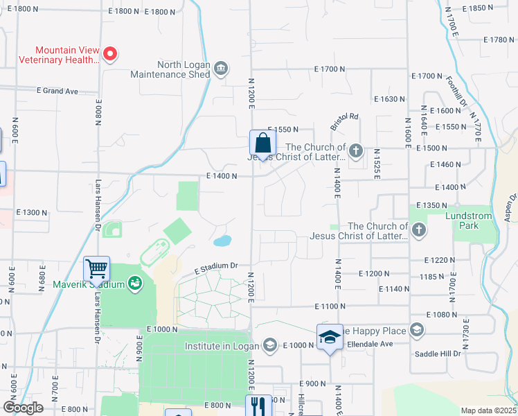 map of restaurants, bars, coffee shops, grocery stores, and more near 1180-1398 North 1200 East in Logan