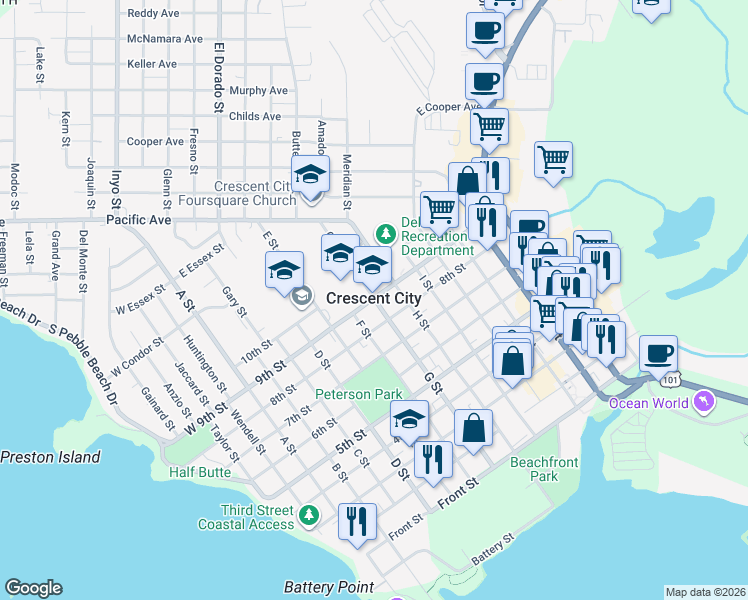 map of restaurants, bars, coffee shops, grocery stores, and more near 858 G Street in Crescent City