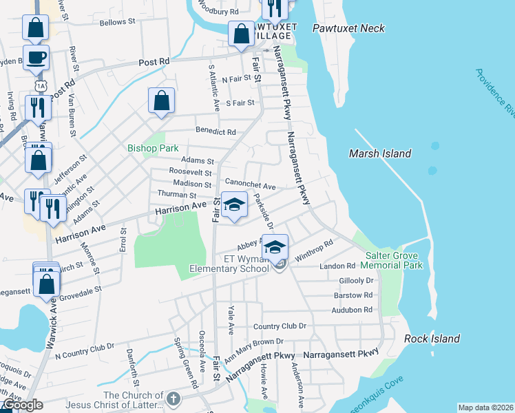 map of restaurants, bars, coffee shops, grocery stores, and more near 37 Parkside Drive in Warwick