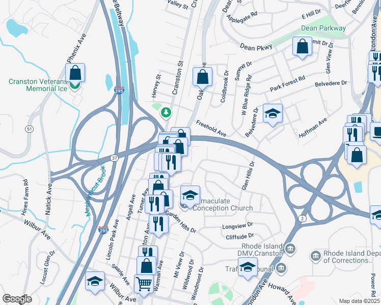 map of restaurants, bars, coffee shops, grocery stores, and more near 630 Oaklawn Avenue in Cranston