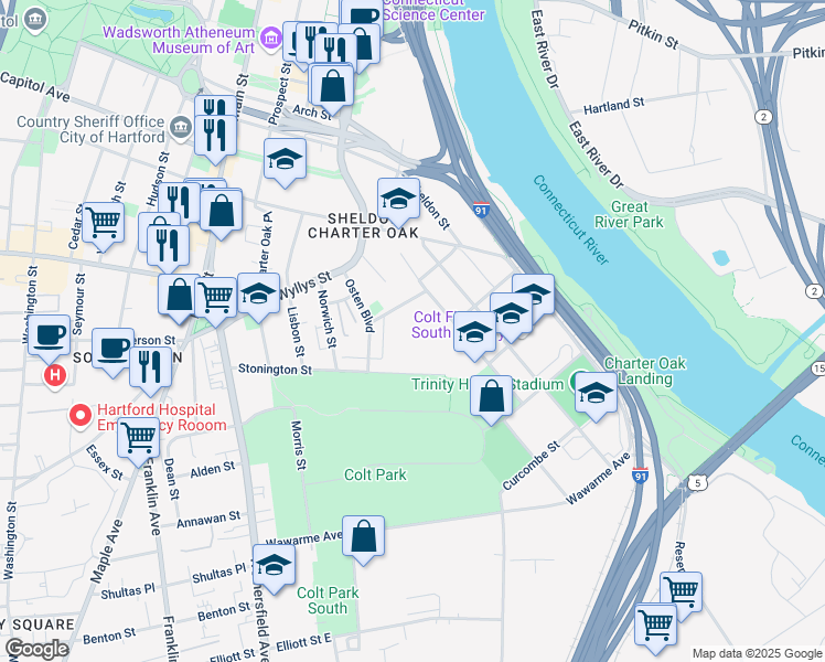 map of restaurants, bars, coffee shops, grocery stores, and more near 99 Van Block Avenue in Hartford