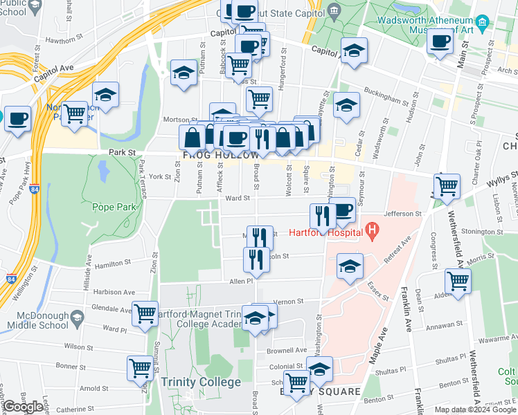 map of restaurants, bars, coffee shops, grocery stores, and more near 1022 Broad Street in Hartford