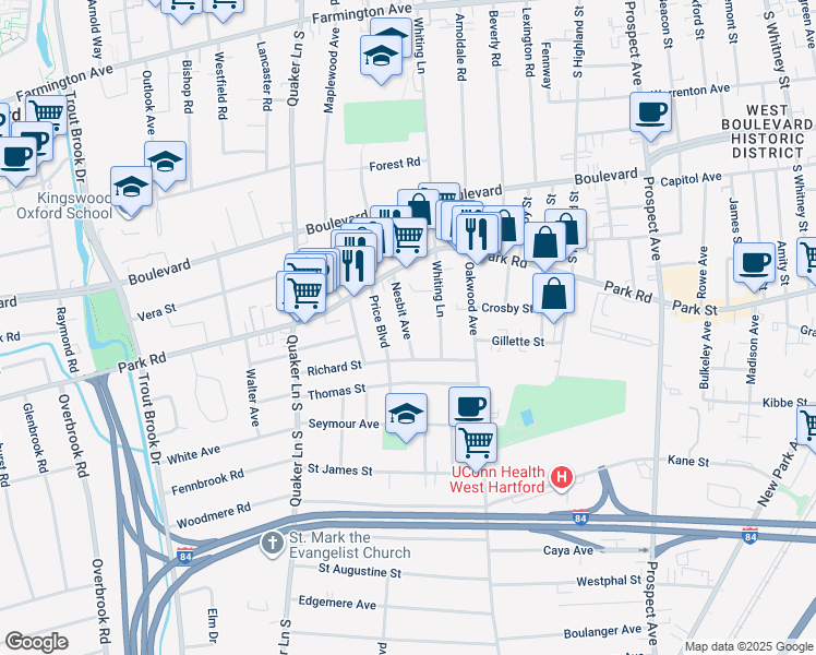 map of restaurants, bars, coffee shops, grocery stores, and more near 56 Nesbit Avenue in West Hartford