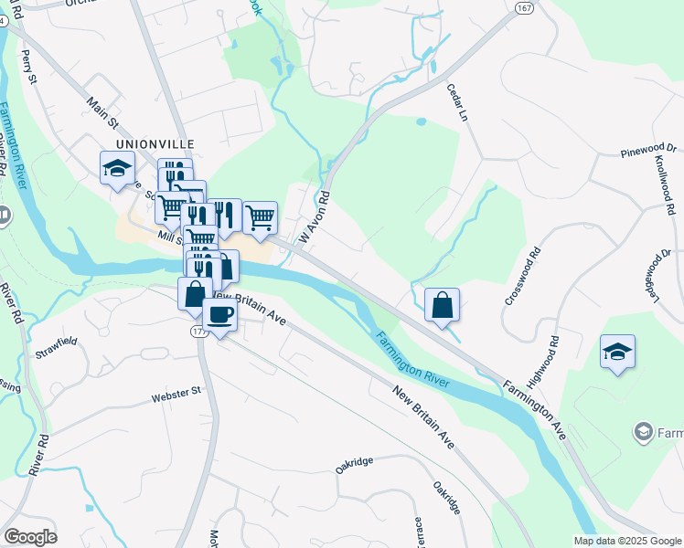 map of restaurants, bars, coffee shops, grocery stores, and more near 1755 Farmington Avenue in Farmington