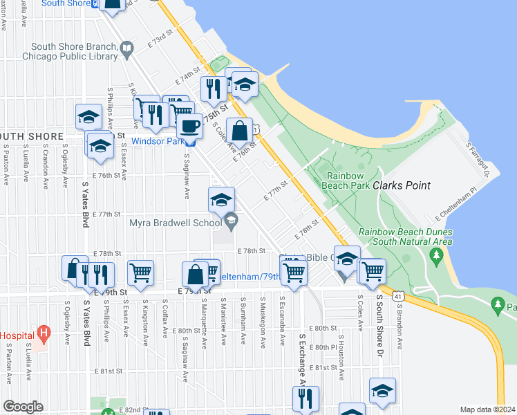 map of restaurants, bars, coffee shops, grocery stores, and more near 7720 South Coles Avenue in Chicago