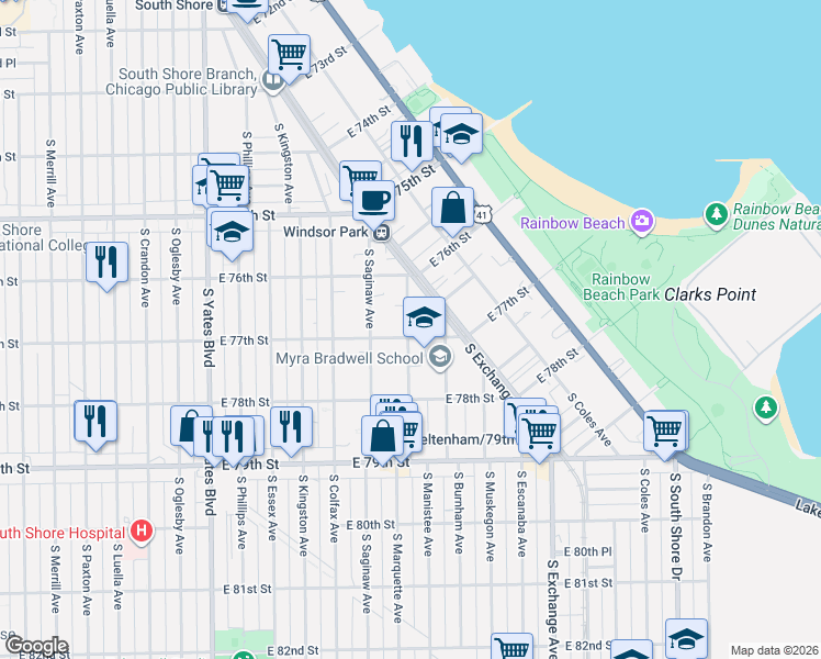 map of restaurants, bars, coffee shops, grocery stores, and more near 2712 East 77th Street in Chicago