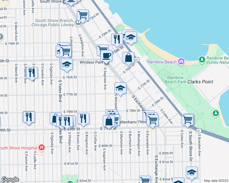 map of restaurants, bars, coffee shops, grocery stores, and more near 2712 East 77th Street in Chicago