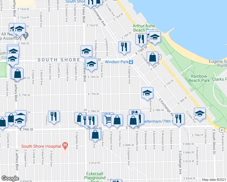 map of restaurants, bars, coffee shops, grocery stores, and more near 2536 East 77th Street in Chicago