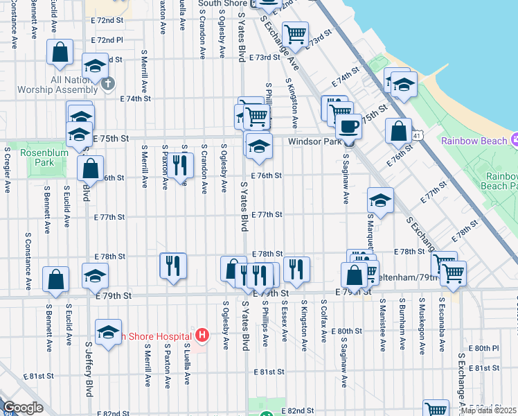 map of restaurants, bars, coffee shops, grocery stores, and more near 2418 East 77th Street in Chicago