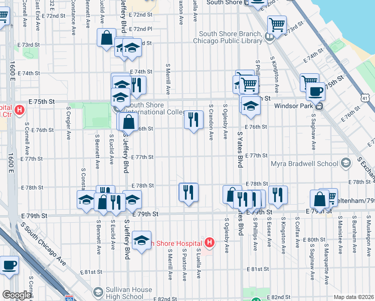 map of restaurants, bars, coffee shops, grocery stores, and more near 7654 South Paxton Avenue in Chicago